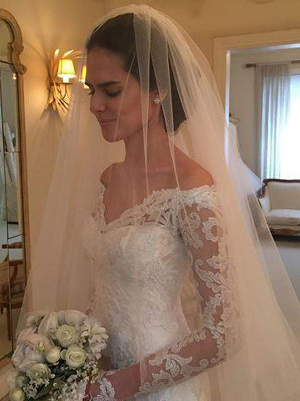 Wholesale Sheath/Column Long Sleeves Lace Off-the-Shoulder Court Train Wedding Dresses